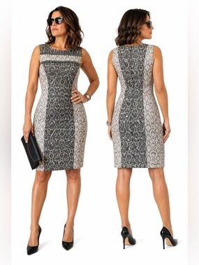 Belle Badgley Mischka Snake Print Sheath Dress 12 Sleeveless Knee Length Career